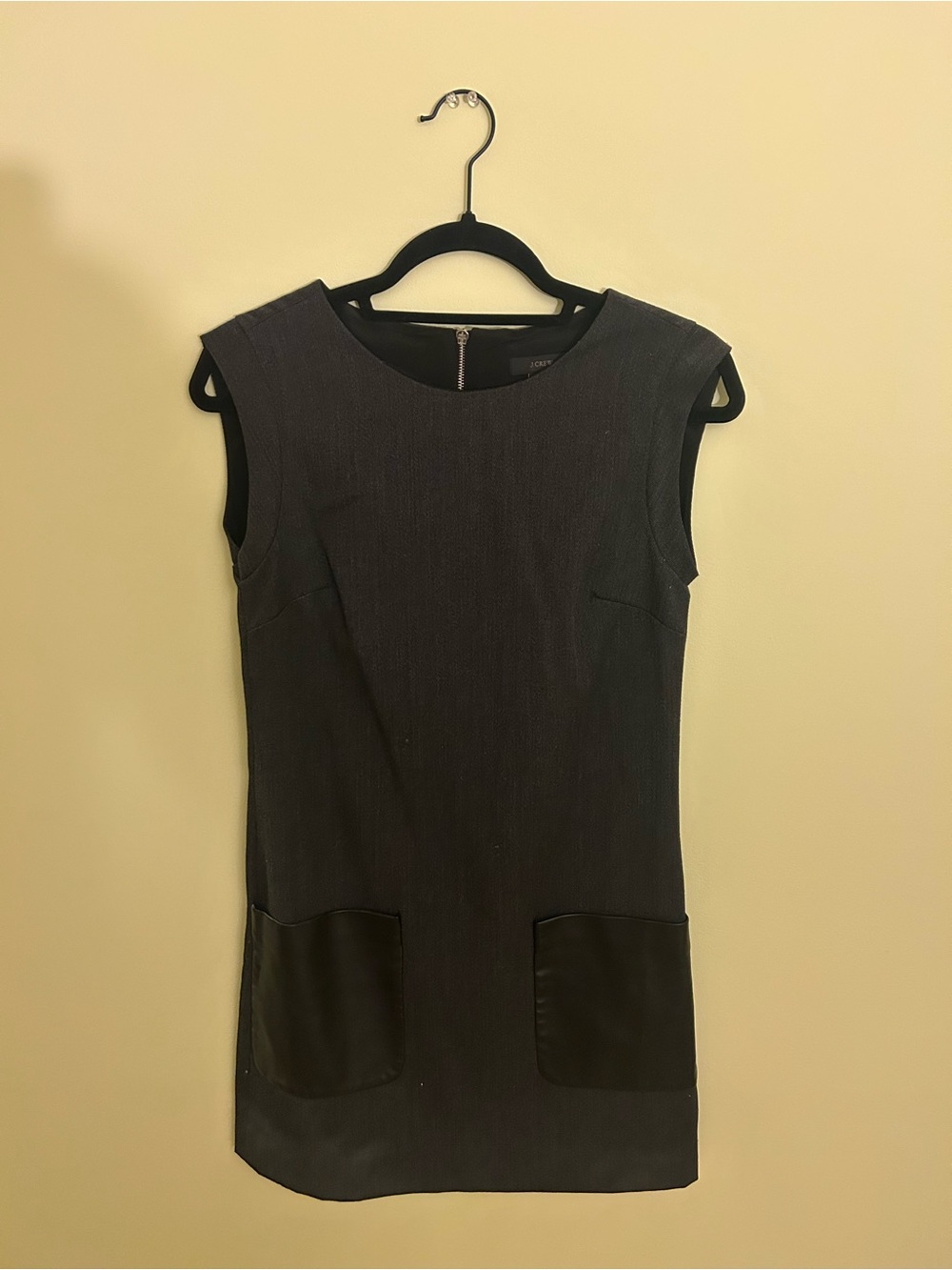 J. Crew Charcoal Sheath Dress with Black Faux Leather Pockets
